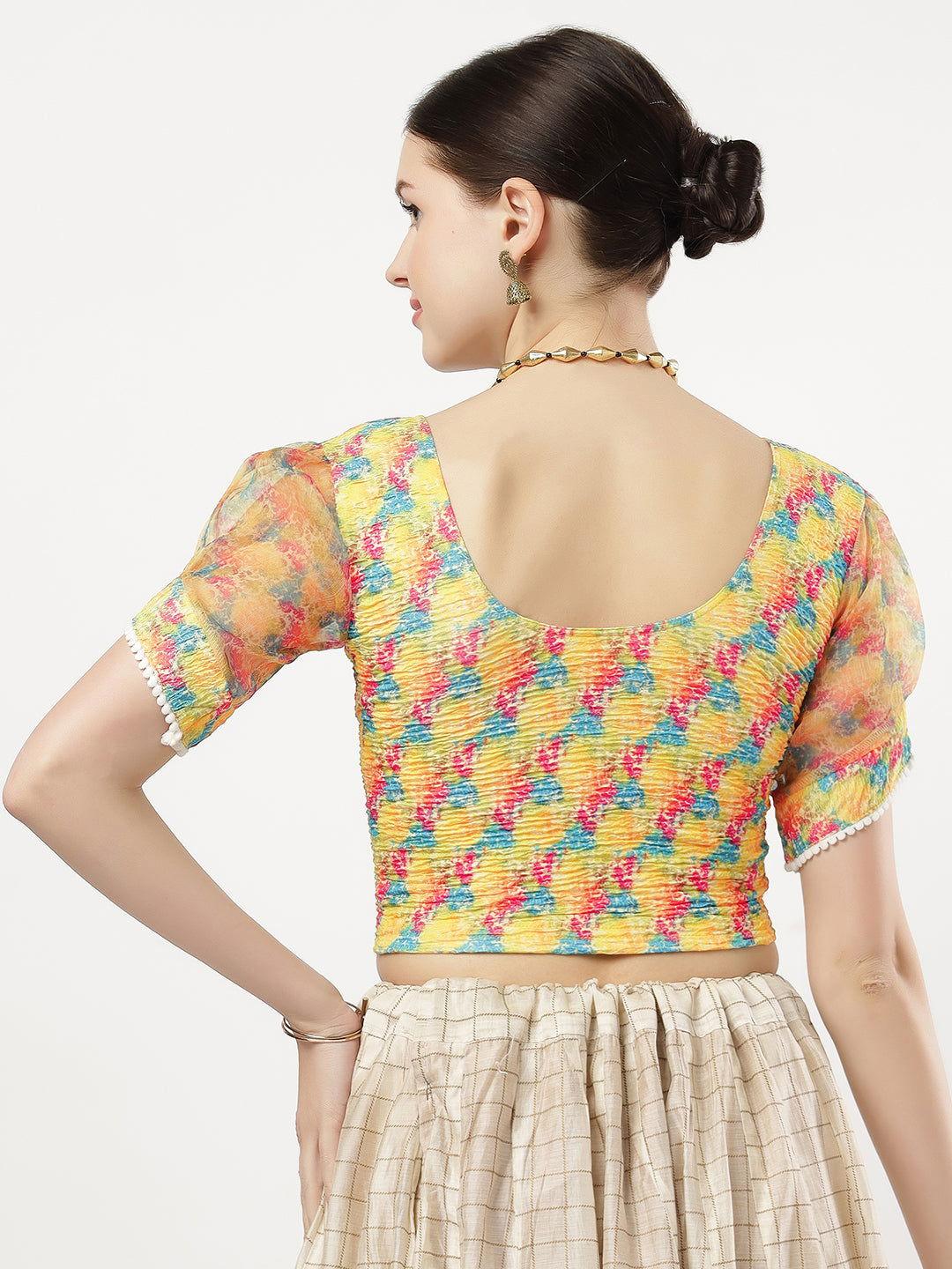 Stay On Trend: Latest Fashion Readymade Blouses for Women,round neckline in digitally printed fabric,digitally printed  organza balloon sleeves.20050 