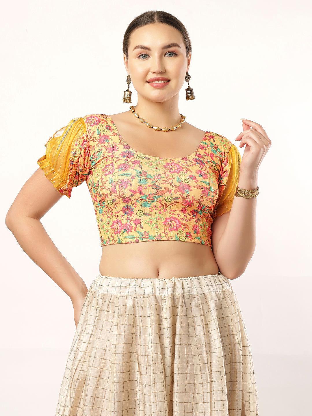 Stay On Trend: Latest Fashion Readymade Blouses for Women,round neckline in digitally printed fabric,digitally printed  organza balloon sleeves adorned with white pom-pom lace.20055 