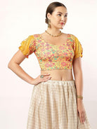 Stay On Trend: Latest Fashion Readymade Blouses for Women,round neckline in digitally printed fabric,digitally printed  organza balloon sleeves adorned with white pom-pom lace.20055 