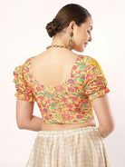 Stay On Trend: Latest Fashion Readymade Blouses for Women,round neckline in digitally printed fabric,digitally printed  organza balloon sleeves adorned with white pom-pom lace.20055 
