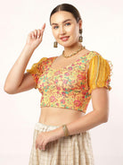 Stay On Trend: Latest Fashion Readymade Blouses for Women,round neckline in digitally printed fabric,digitally printed  organza balloon sleeves adorned with white pom-pom lace.20055 