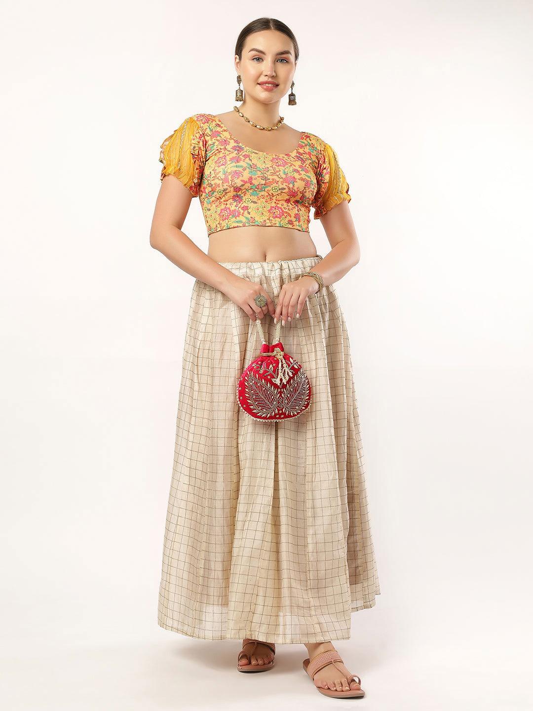 Stay On Trend: Latest Fashion Readymade Blouses for Women,round neckline in digitally printed fabric,digitally printed  organza balloon sleeves adorned with white pom-pom lace.20055 