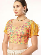 Stay On Trend: Latest Fashion Readymade Blouses for Women,round neckline in digitally printed fabric,digitally printed  organza balloon sleeves adorned with white pom-pom lace.20055 
