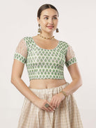 Stay On Trend: Latest Fashion Readymade Blouses for Women,round neckline in digitally printed fabric,white organza balloon sleeves.20070 