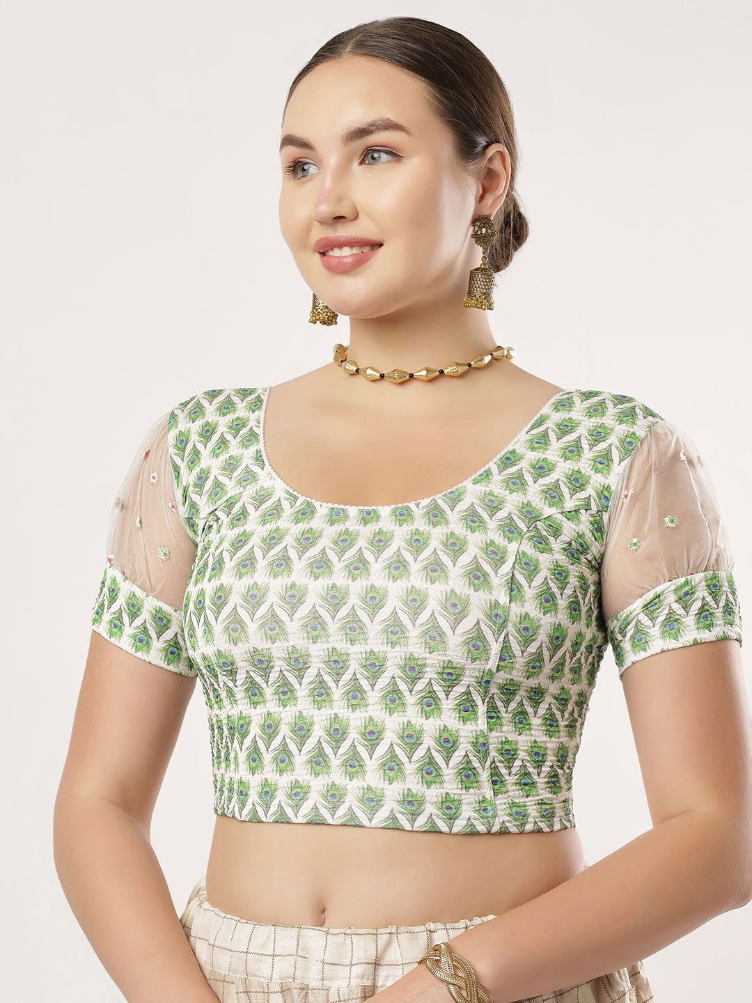 Stay On Trend: Latest Fashion Readymade Blouses for Women,round neckline in digitally printed fabric,white organza balloon sleeves.20070 
