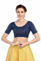 Stay On Trend: Latest Fashion Readymade Blouses for Women,round neckline with  elbow sleeves, swarovski & pearls embellished on sleeves in a unique manner.26012 