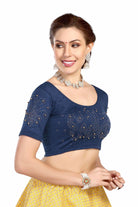 Stay On Trend: Latest Fashion Readymade Blouses for Women,round neckline with  elbow sleeves, swarovski & pearls embellished on sleeves in a unique manner.26012 