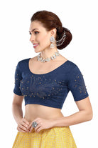 Stay On Trend: Latest Fashion Readymade Blouses for Women,round neckline with  elbow sleeves, swarovski & pearls embellished on sleeves in a unique manner.26012 