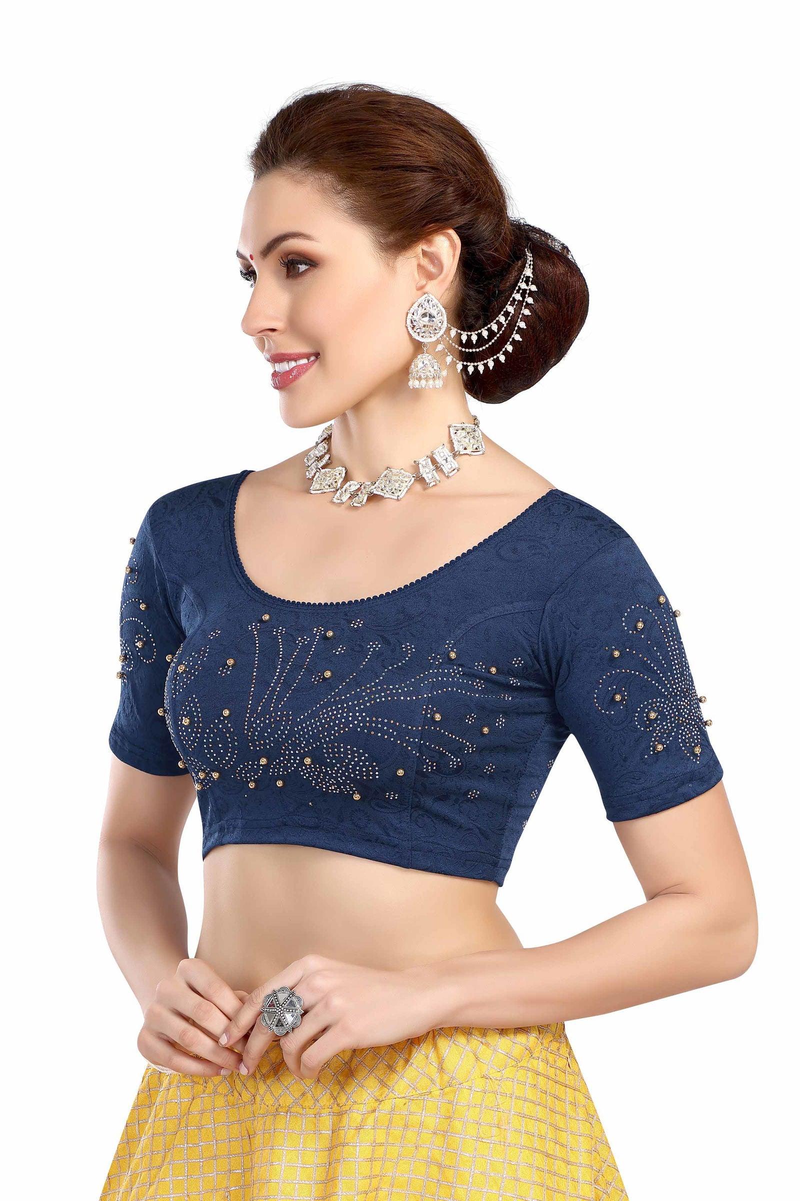 Stay On Trend: Latest Fashion Readymade Blouses for Women,round neckline with  elbow sleeves, swarovski & pearls embellished on sleeves in a unique manner.26012 