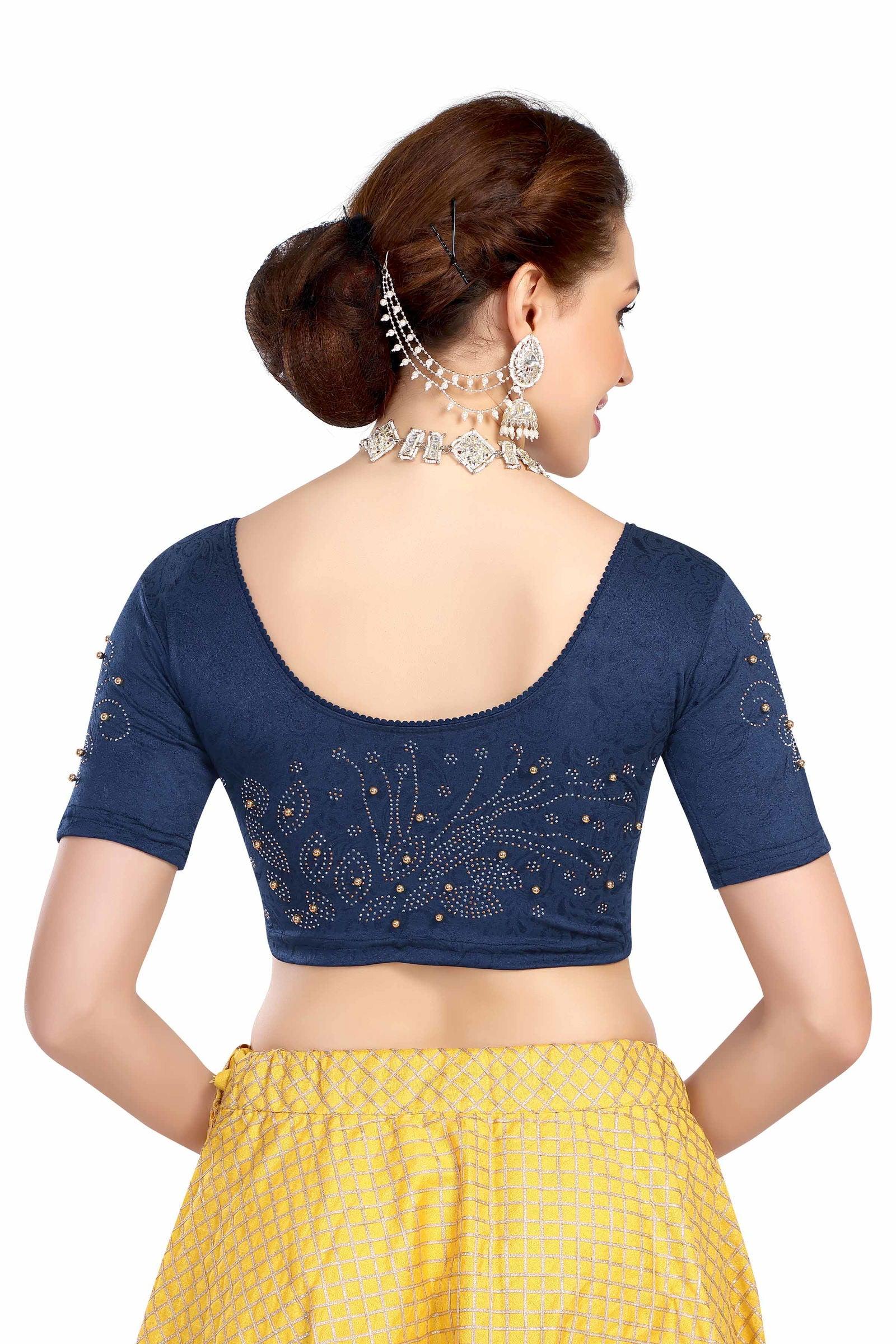Stay On Trend: Latest Fashion Readymade Blouses for Women,round neckline with  elbow sleeves, swarovski & pearls embellished on sleeves in a unique manner.26012 