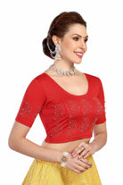 Stay On Trend: Latest Fashion Readymade Blouses for Women,round neckline with  elbow sleeves, swarovski & pearls embellished on sleeves in a unique manner.26013 