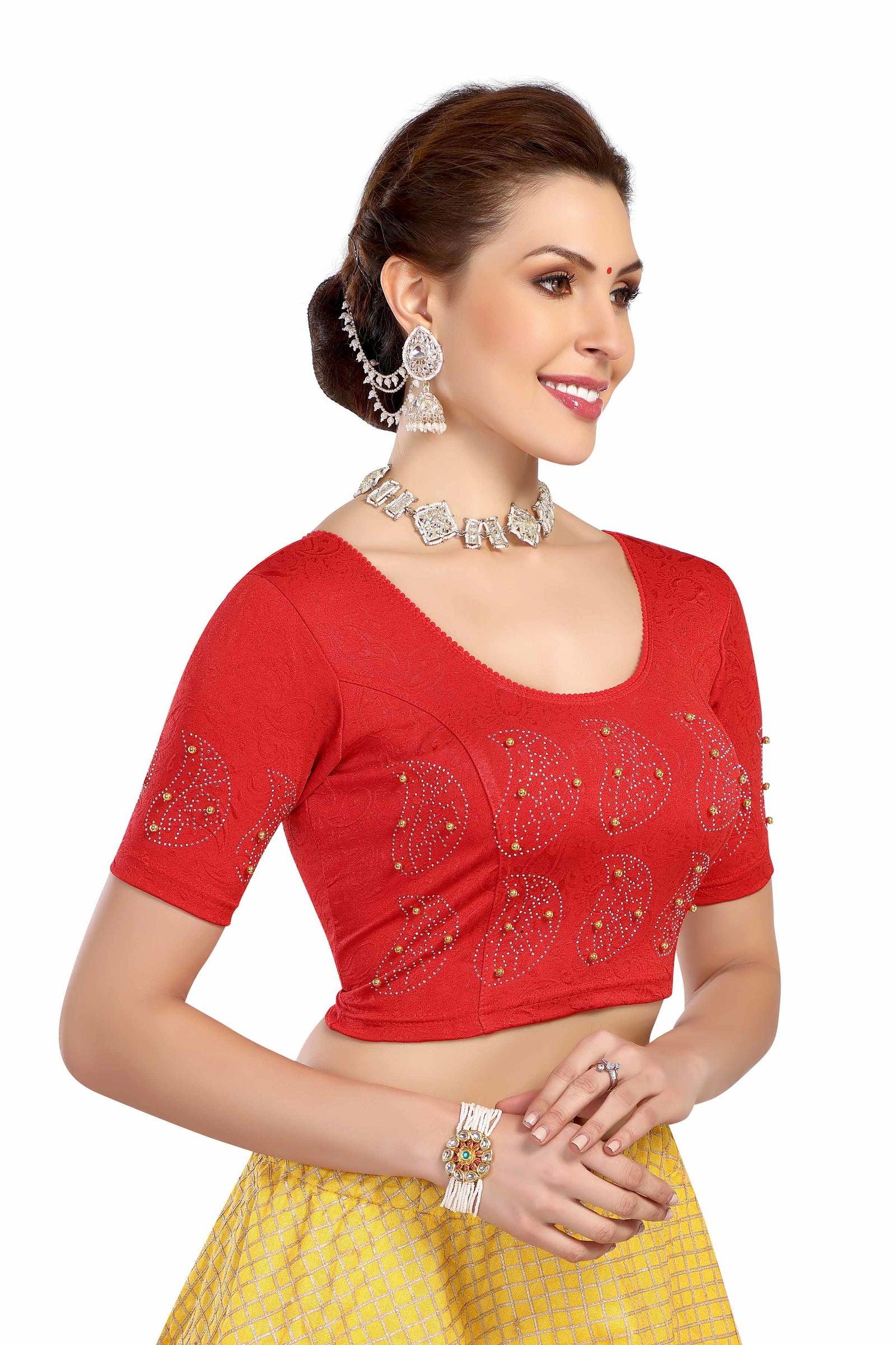 Stay On Trend: Latest Fashion Readymade Blouses for Women,round neckline with  elbow sleeves, swarovski & pearls embellished on sleeves in a unique manner.26013 