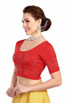 Stay On Trend: Latest Fashion Readymade Blouses for Women,round neckline with  elbow sleeves, swarovski & pearls embellished on sleeves in a unique manner.26013 