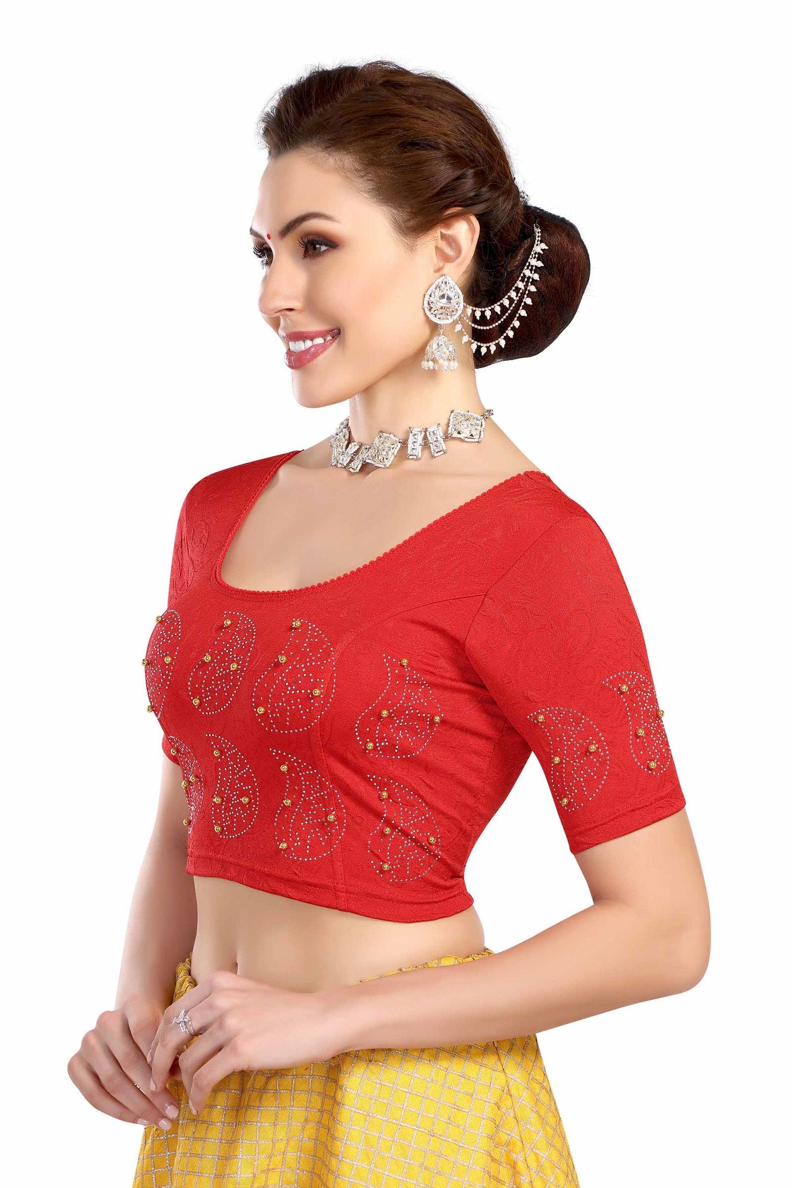 Stay On Trend: Latest Fashion Readymade Blouses for Women,round neckline with  elbow sleeves, swarovski & pearls embellished on sleeves in a unique manner.26013 