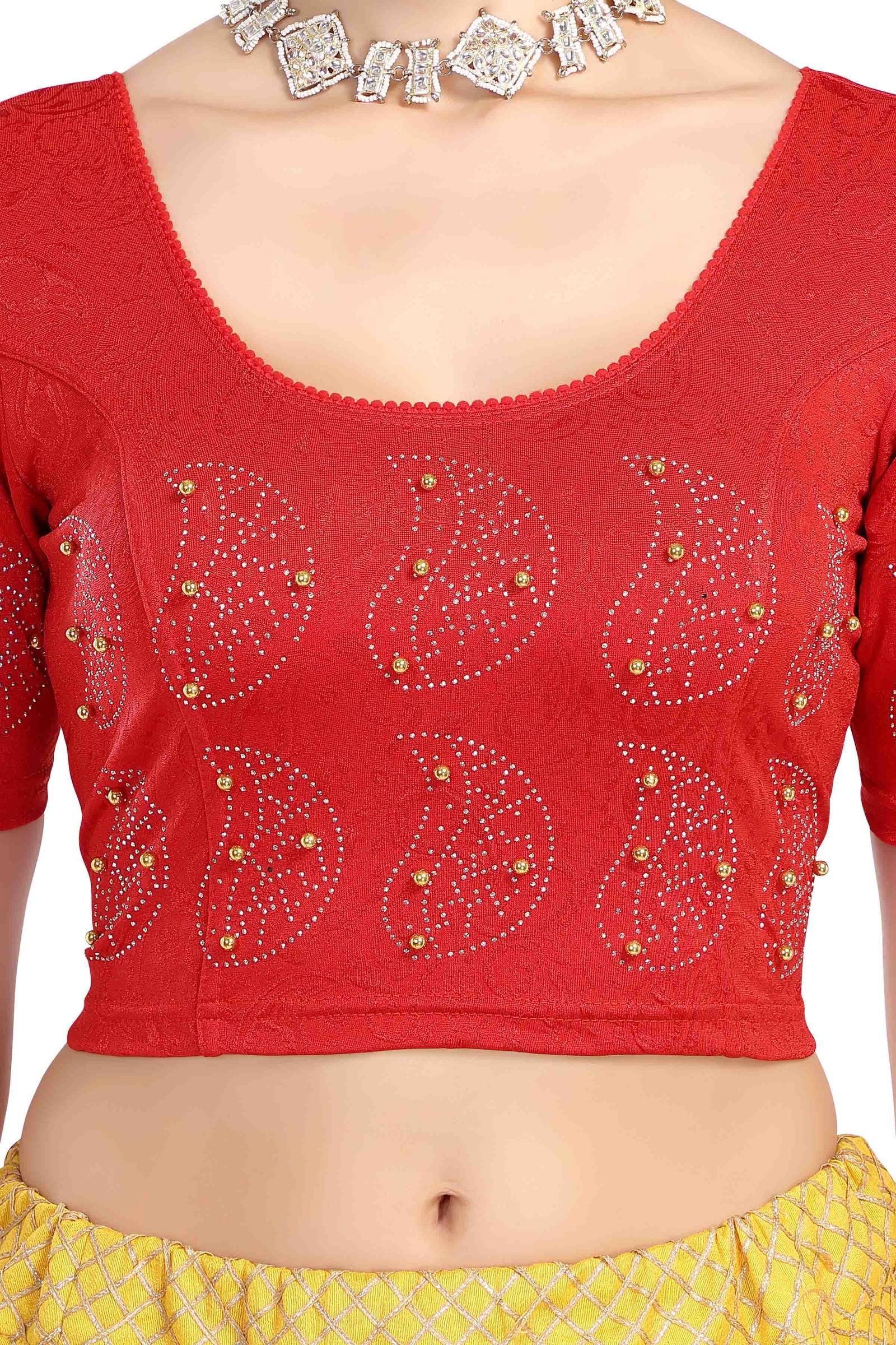 Stay On Trend: Latest Fashion Readymade Blouses for Women,round neckline with  elbow sleeves, swarovski & pearls embellished on sleeves in a unique manner.26013 