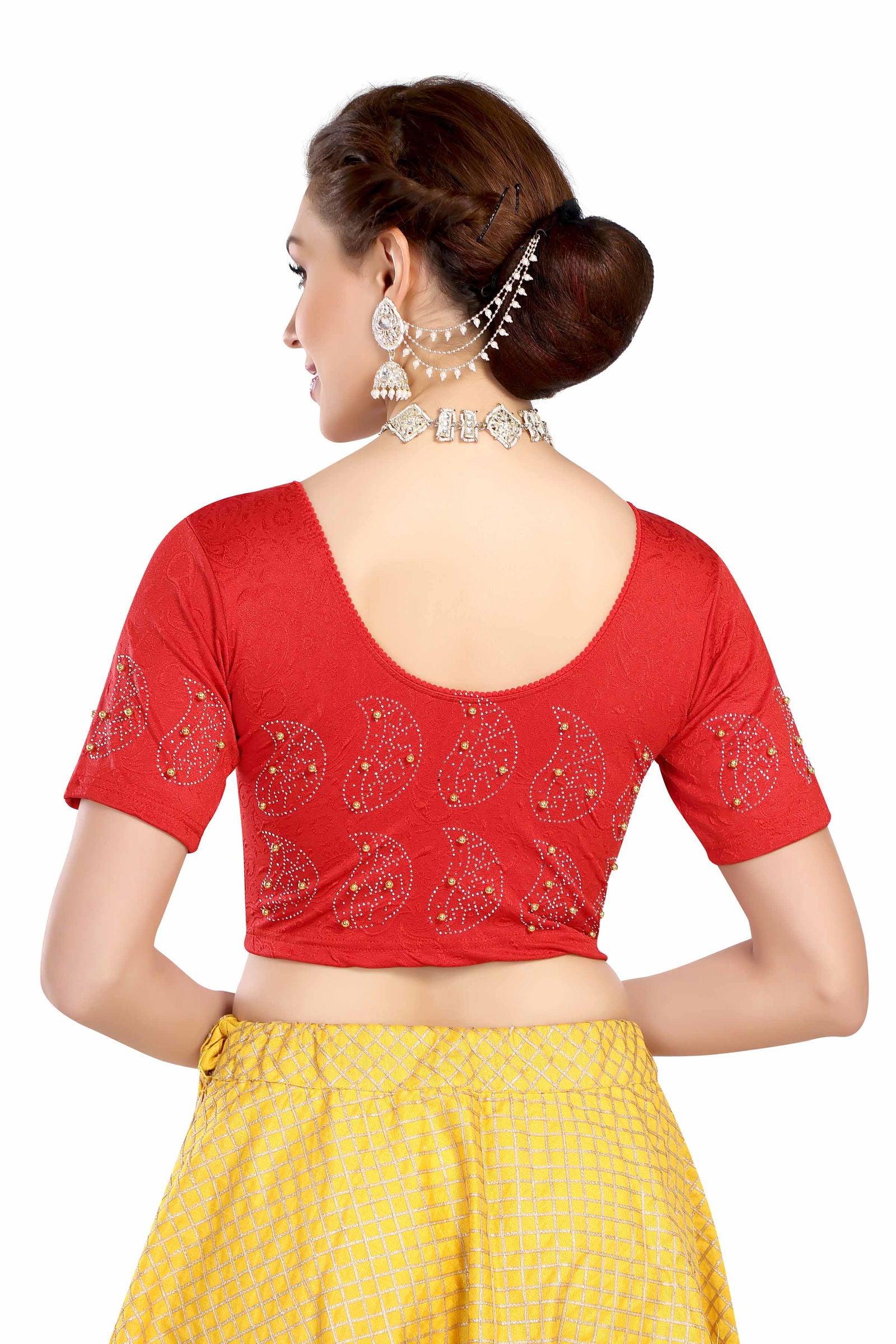Stay On Trend: Latest Fashion Readymade Blouses for Women,round neckline with  elbow sleeves, swarovski & pearls embellished on sleeves in a unique manner.26013 