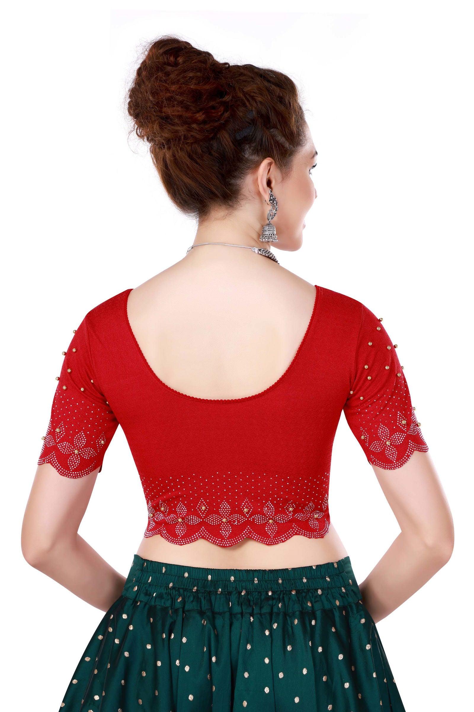 Stay On Trend: Latest Fashion Readymade Blouses for Women,round neckline with  elbow  sleeves & swavrovski embellished all over.27131 