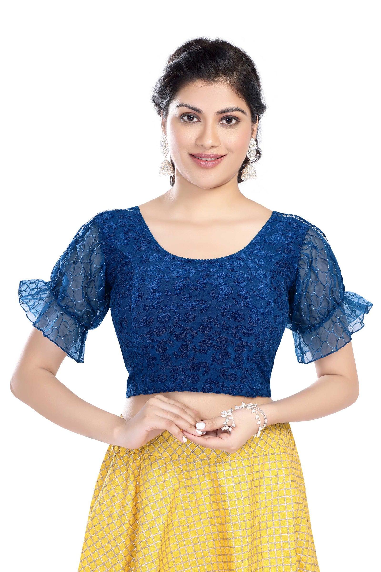 Stay On Trend: Latest Fashion Readymade Blouses for Women,round neckline with  organza balloon sleeves,adorned with uniquely designed sleeves with lace .25015 