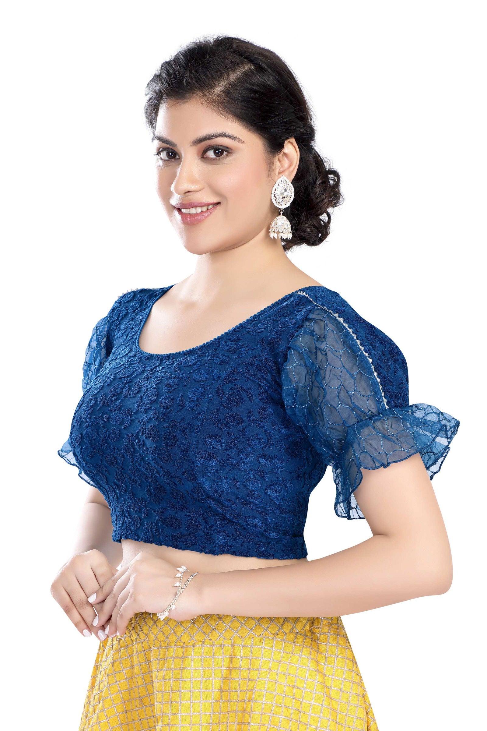 Stay On Trend: Latest Fashion Readymade Blouses for Women,round neckline with  organza balloon sleeves,adorned with uniquely designed sleeves with lace .25015 