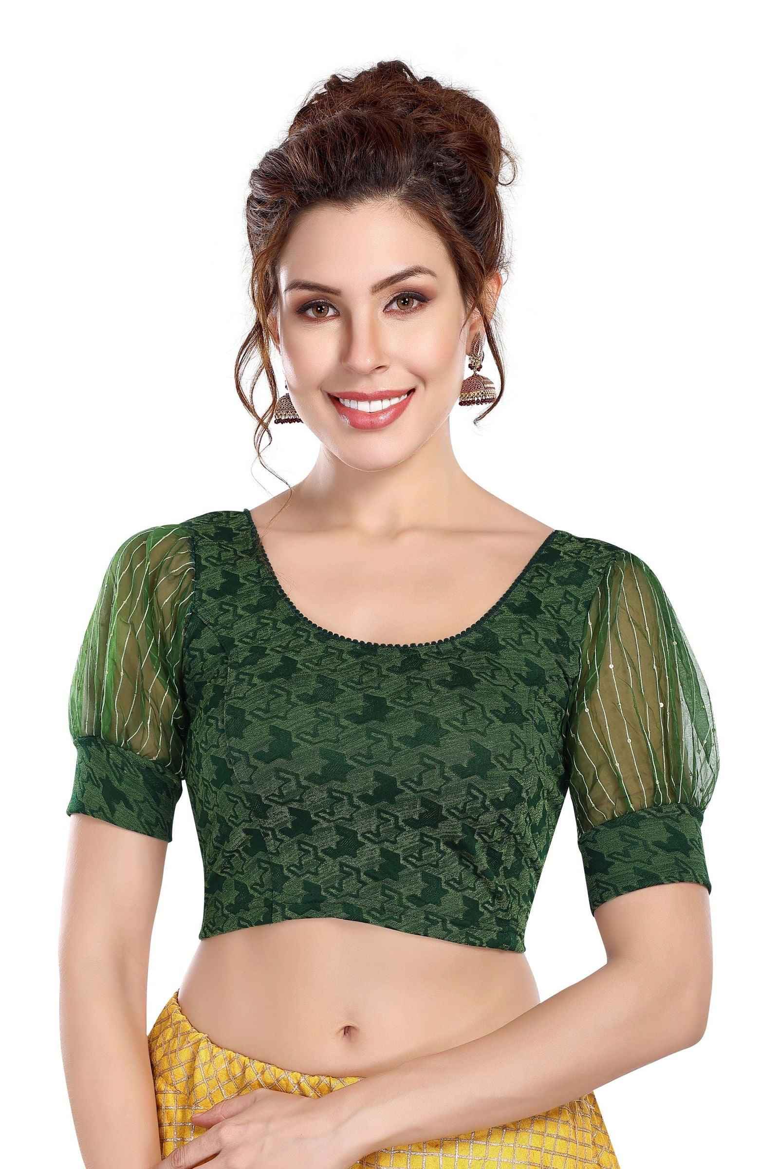 Stay On Trend with FinestFit Readymade Organza Puff Sleeves Blouse for Women, Round Neckline, Style 18153