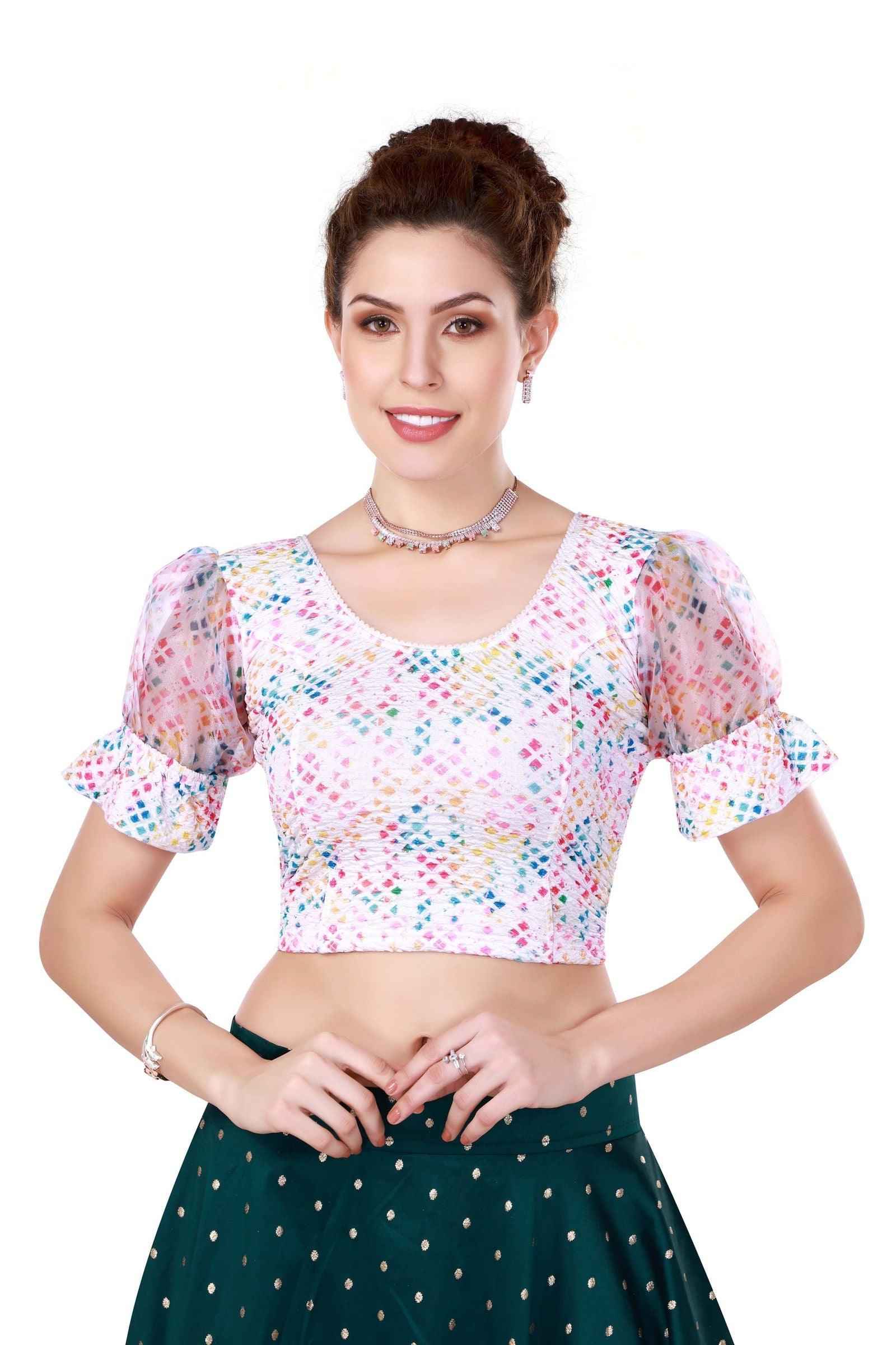 Stay On Trend with Digitally Printed Organza Balloon Sleeves Blouse for Women - Multicolour Printed, Round Neckline, Fabric Frill Detail - 20030