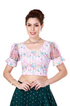 Stay On Trend: Latest Fashion Readymade Multicolour printed Blouses for Women,round neckline,Digitally printed organza balloon sleeves with afbric frill for extra oomph effect.20030 