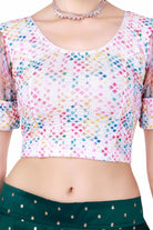 Stay On Trend: Latest Fashion Readymade Multicolour printed Blouses for Women,round neckline,Digitally printed organza balloon sleeves with afbric frill for extra oomph effect.20030 