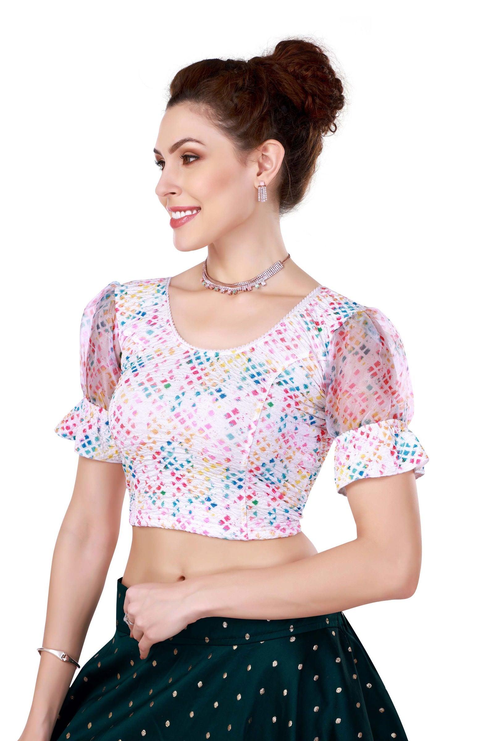 Stay On Trend: Latest Fashion Readymade Multicolour printed Blouses for Women,round neckline,Digitally printed organza balloon sleeves with afbric frill for extra oomph effect.20030 