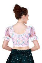 Stay On Trend: Latest Fashion Readymade Multicolour printed Blouses for Women,round neckline,Digitally printed organza balloon sleeves with afbric frill for extra oomph effect.20030 