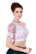 Stay On Trend: Latest Fashion Readymade Multicolour printed Blouses for Women,round neckline,Digitally printed organza balloon sleeves with afbric frill for extra oomph effect.20030 