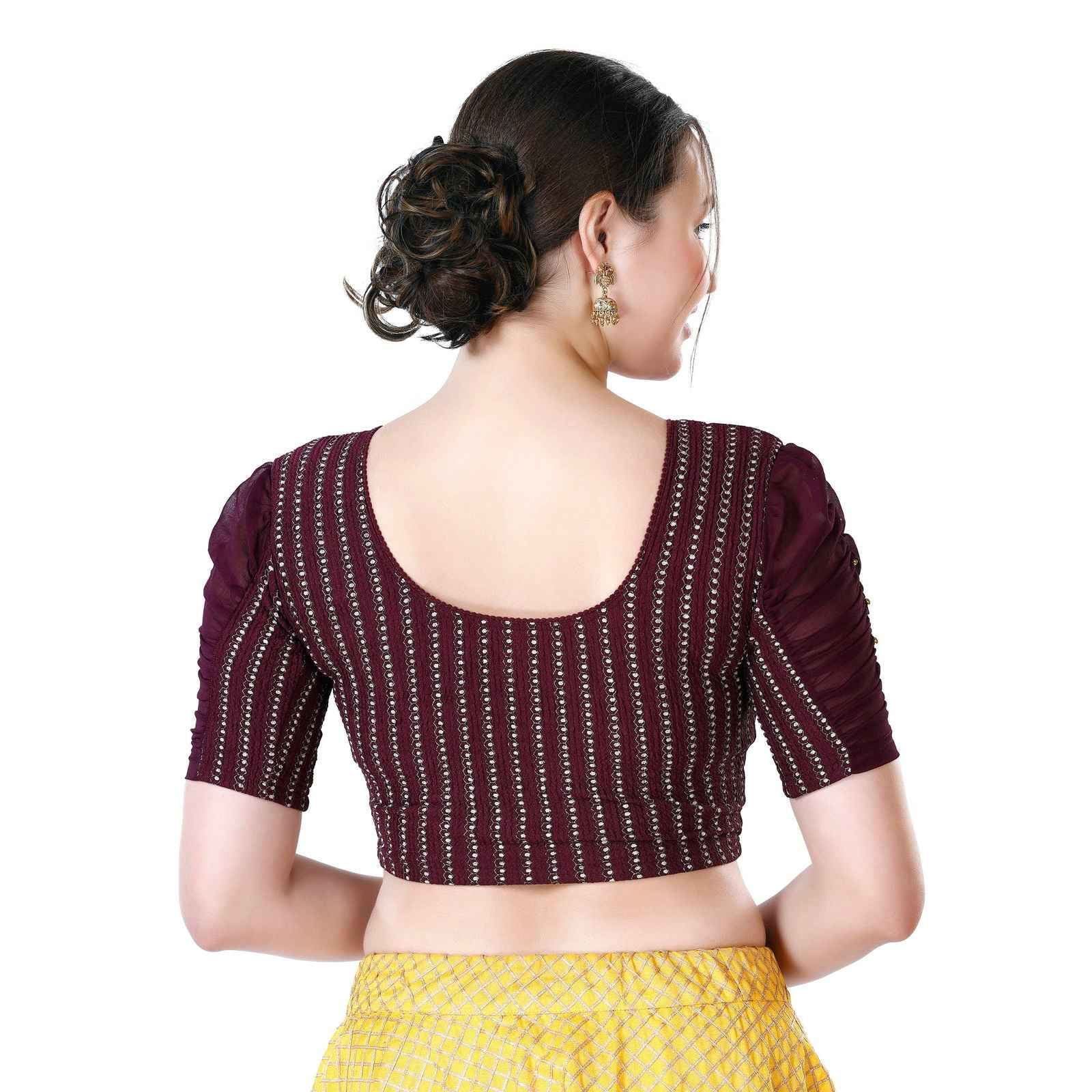 Stay On Trend with Readymade Blouses Round Neckline Georgette Sleeves and Ruched Style Pearl Details.33033