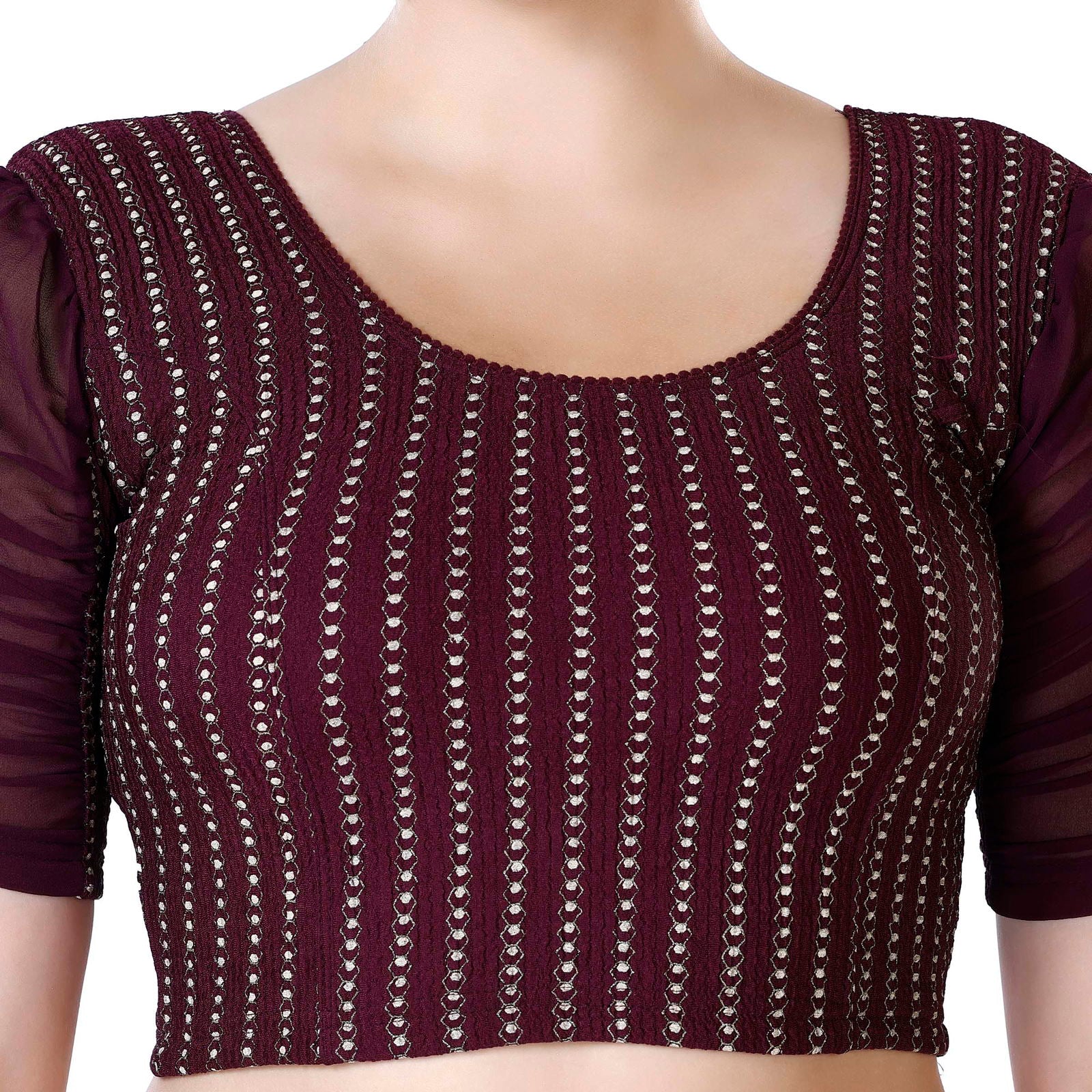 Stay On Trend with Readymade Blouses Round Neckline Georgette Sleeves and Ruched Style Pearl Details.33033 - FINESTFIT
