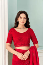FINESTFIT Stay On Trend: Latest Fashion Readymade Blouses for Women,round neckline,elbow sleeves and rose motif embellished black swarovski all over body and sleeves.17017
