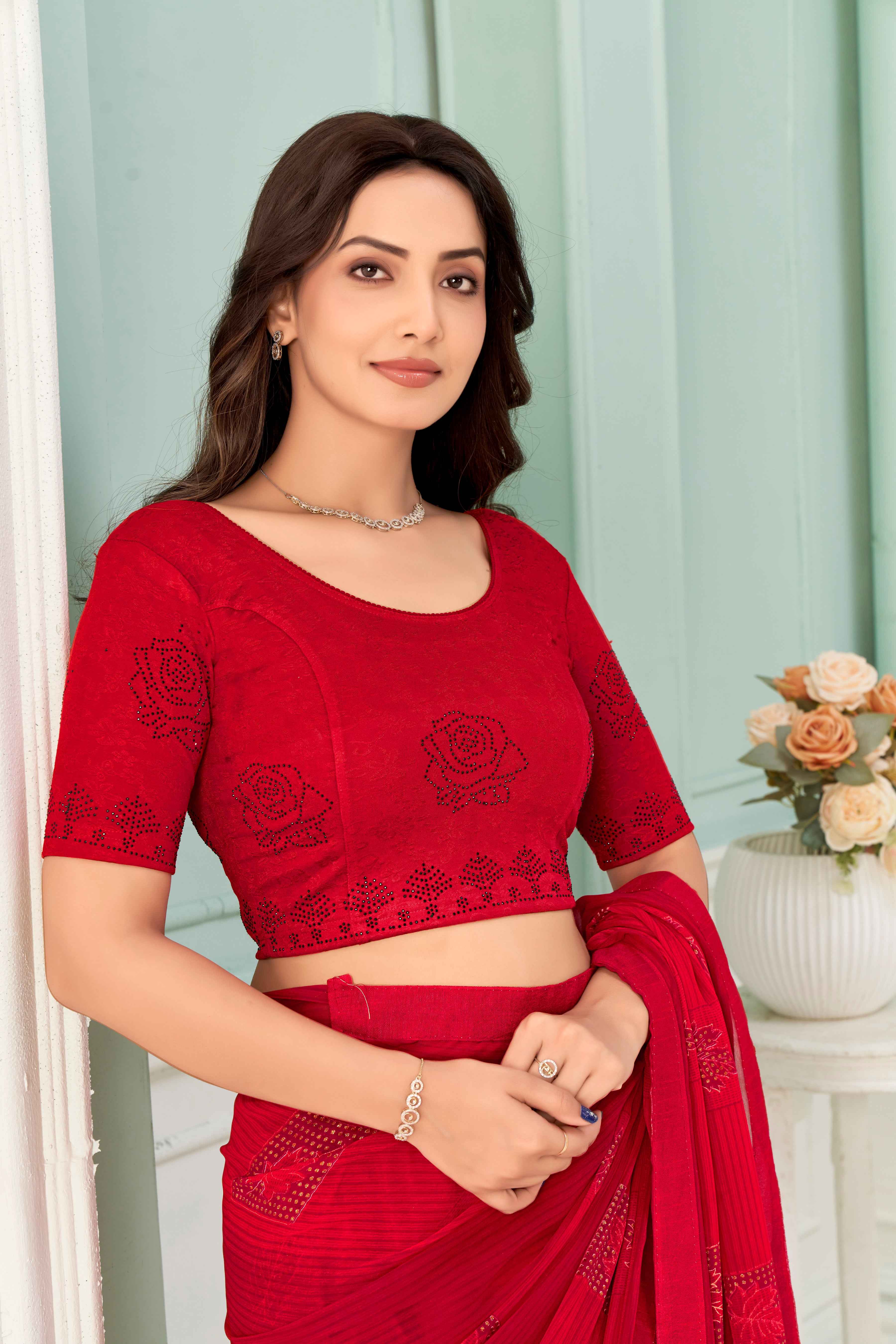 FINESTFIT Stay On Trend: Latest Fashion Readymade Blouses for Women,round neckline,elbow sleeves and rose motif embellished black swarovski all over body and sleeves.17017