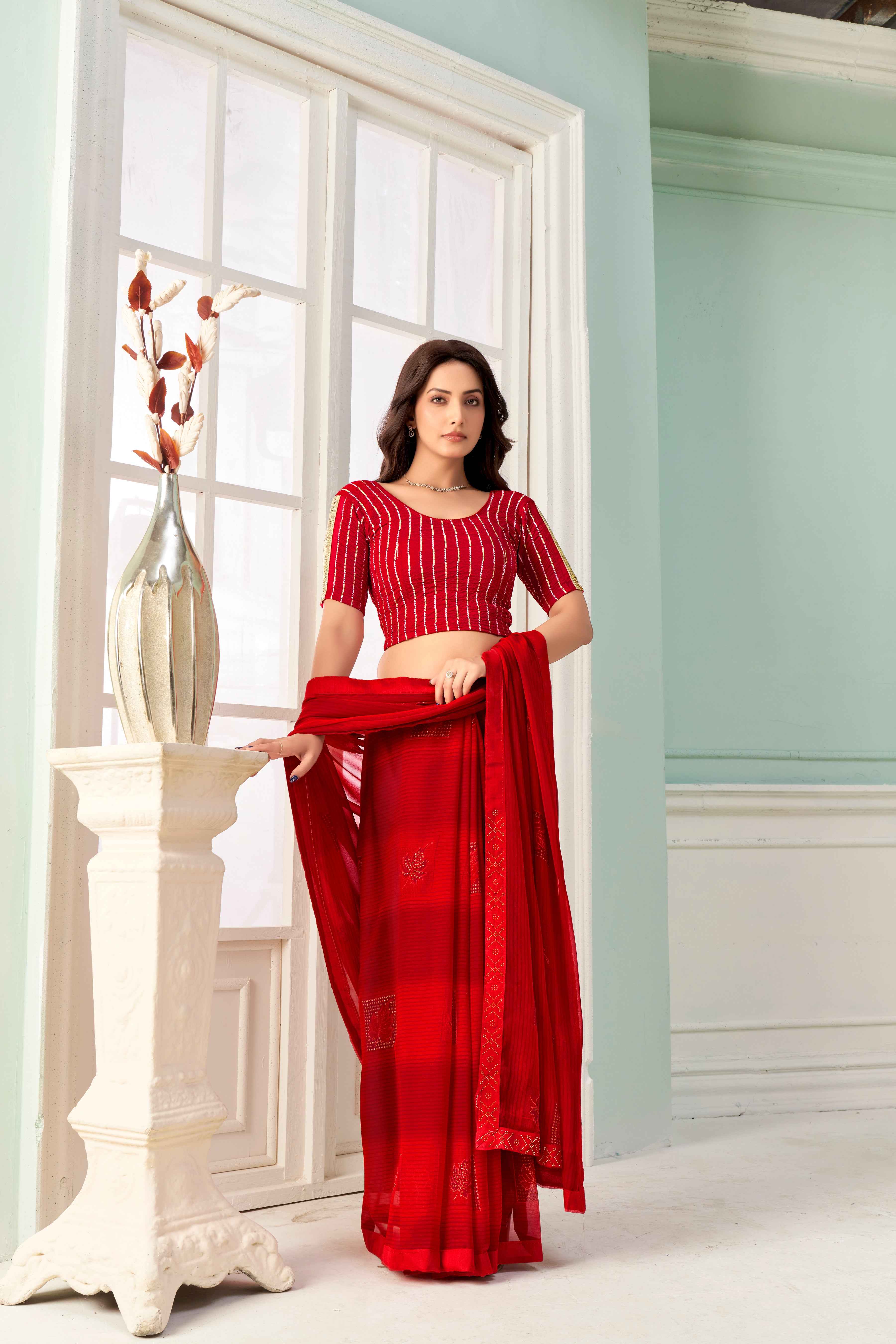 Stay On Trend: Latest Fashion Readymade Blouses for Women,round neckline,hand-made sequinned lace stitched on an organza elbow sleeves.36008
