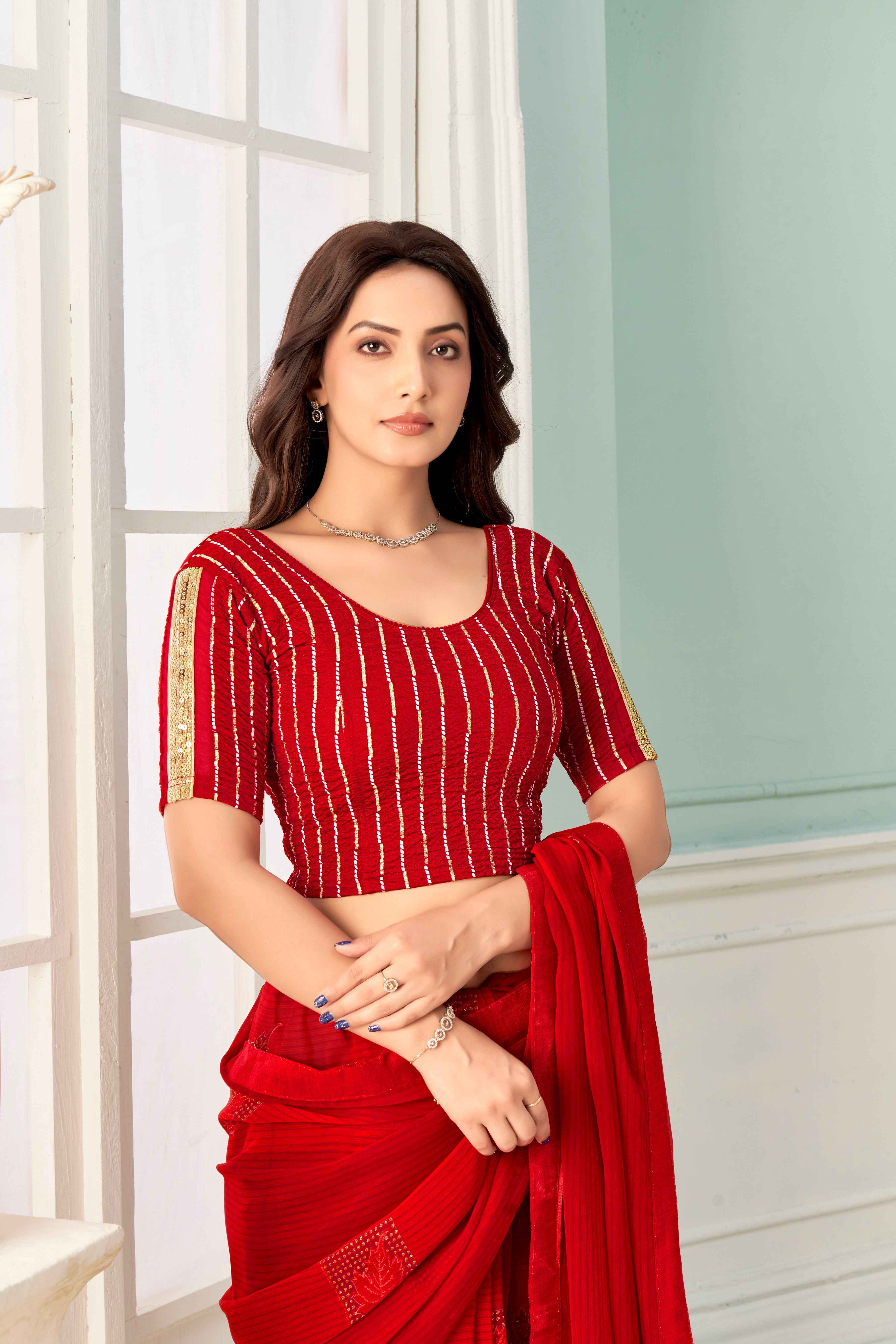 Stay On Trend: Latest Fashion Readymade Blouses for Women,round neckline,hand-made sequinned lace stitched on an organza elbow sleeves.36008