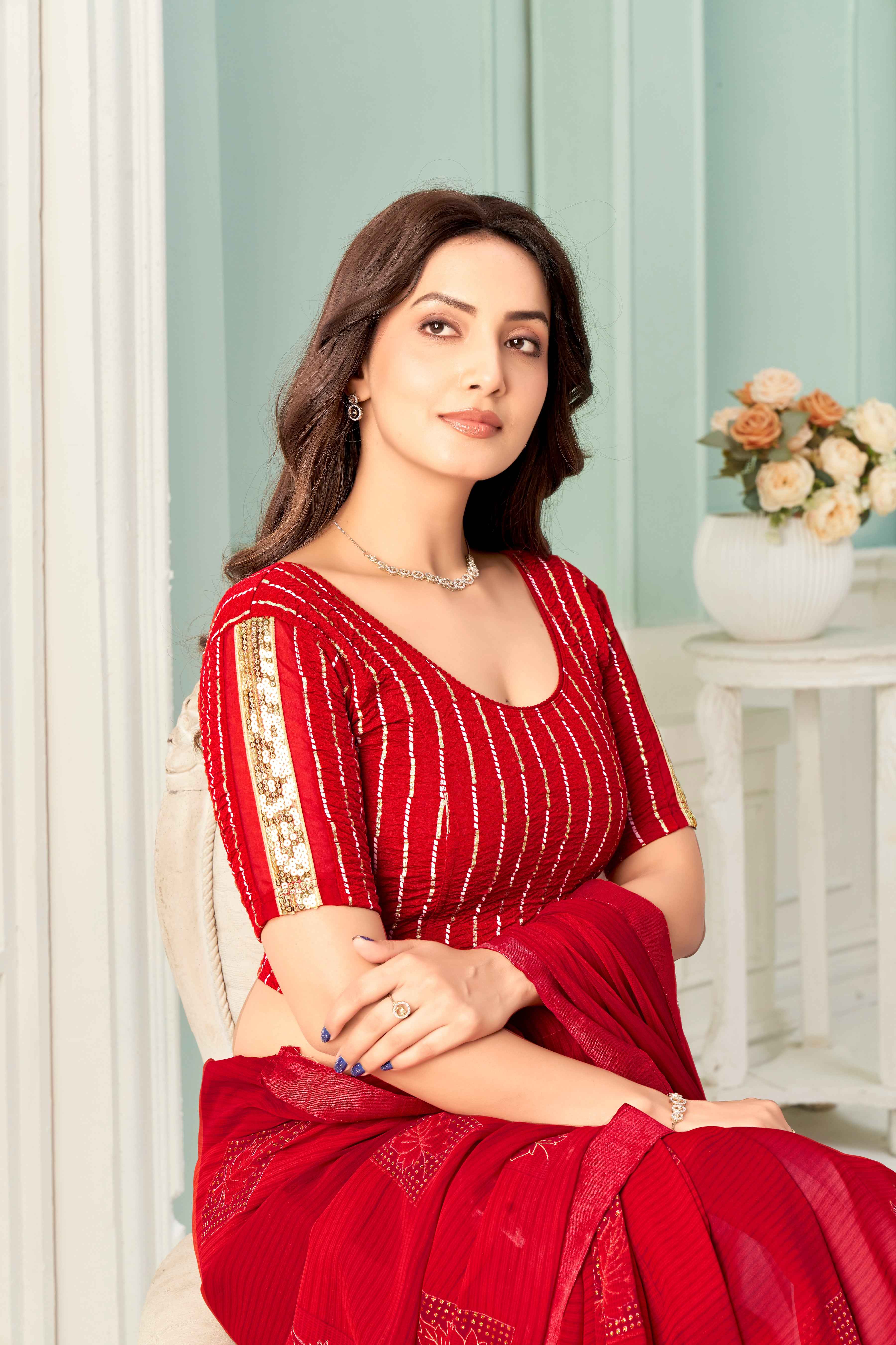 Stay On Trend: Latest Fashion Readymade Blouses for Women,round neckline,hand-made sequinned lace stitched on an organza elbow sleeves.36008