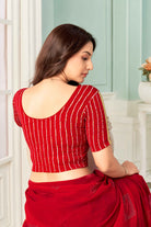 Stay On Trend: Latest Fashion Readymade Blouses for Women,round neckline,hand-made sequinned lace stitched on an organza elbow sleeves.36008
