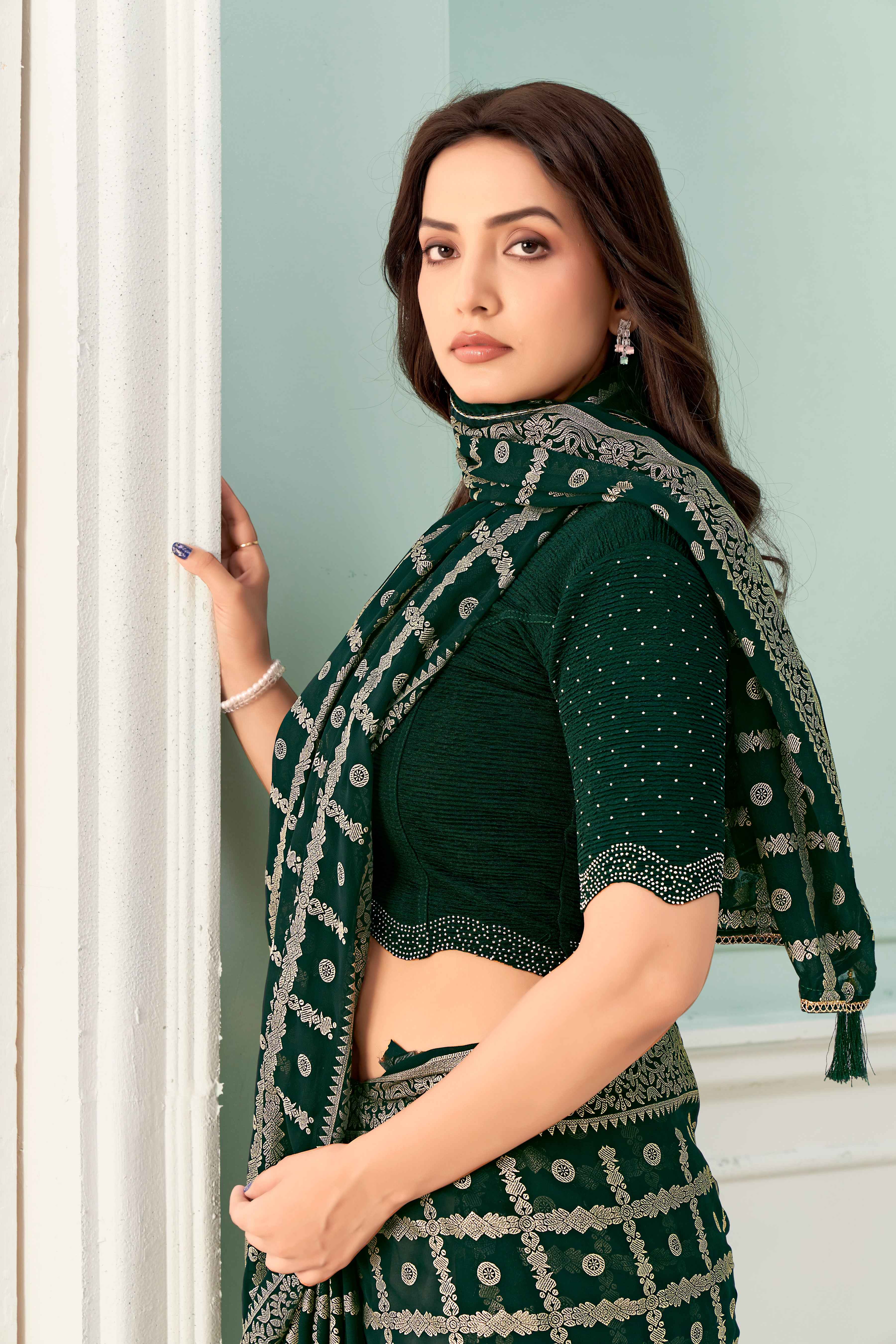 Stay On Trend: Latest Fashion Readymade Blouses for Women,round neckline with lasercut style hems and swarovski embellished beautifully.16111
