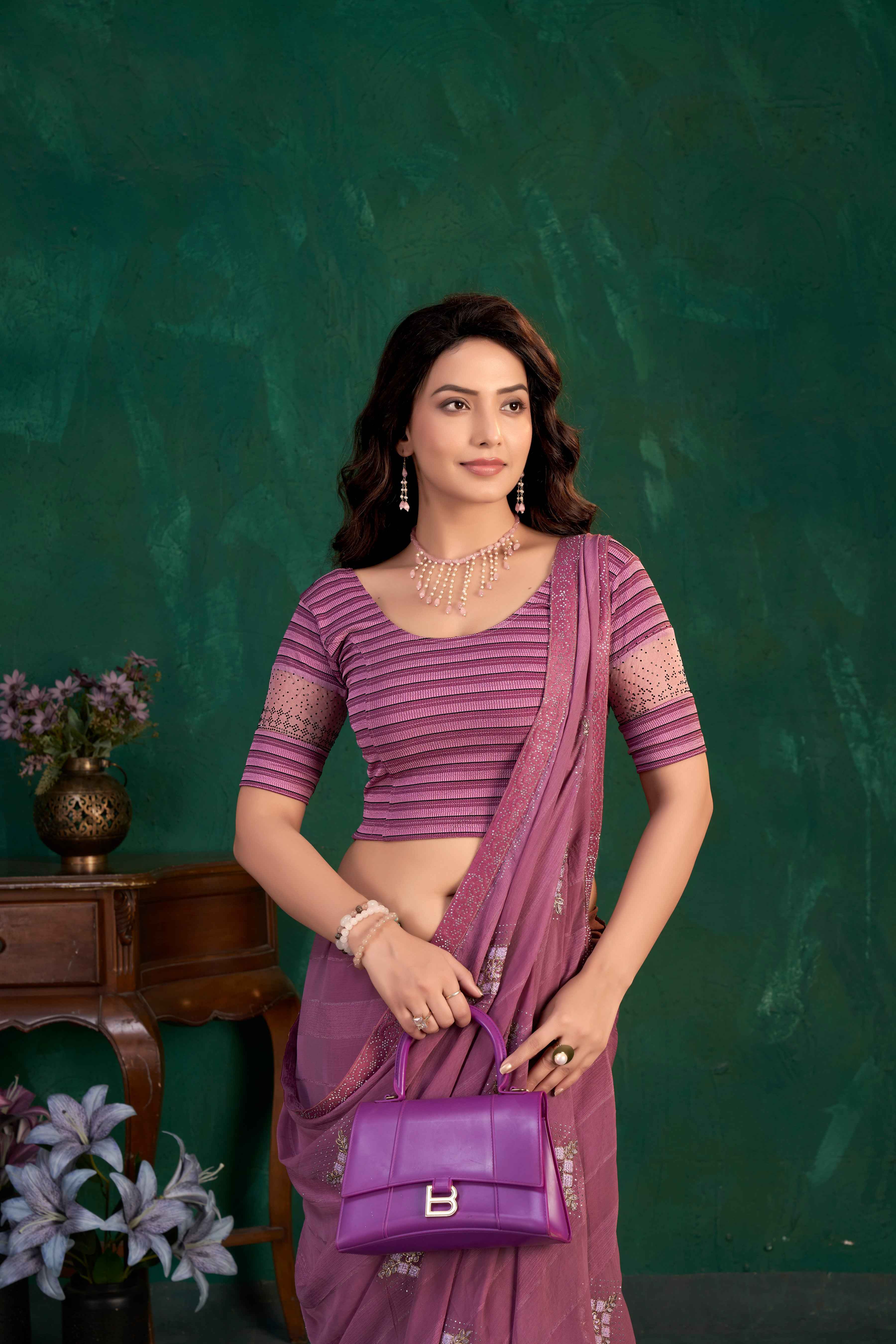 Stay On Trend: Latest Fashion Readymade Blouses for Women,round neckline,organza  band sleeves adorned with black swarovski.41030