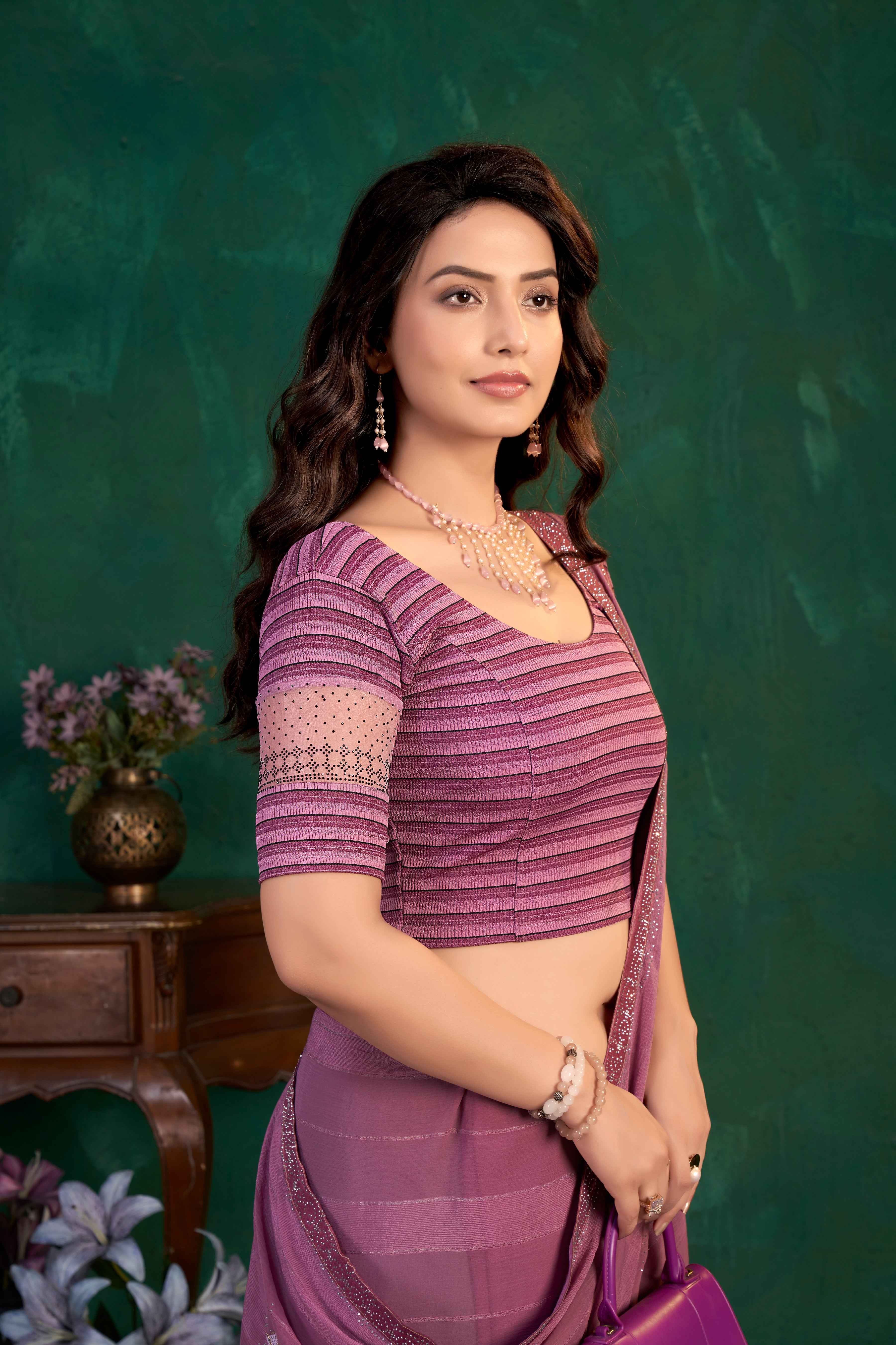 Stay On Trend: Latest Fashion Readymade Blouses for Women,round neckline,organza  band sleeves adorned with black swarovski.41030