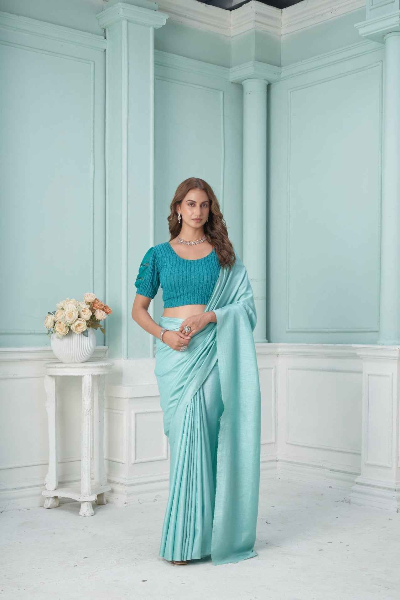 Stay On Trend: Latest Fashion Readymade Blouses for Women,round neckline ,balloon sleeves, adorned with crochet style lace..41015