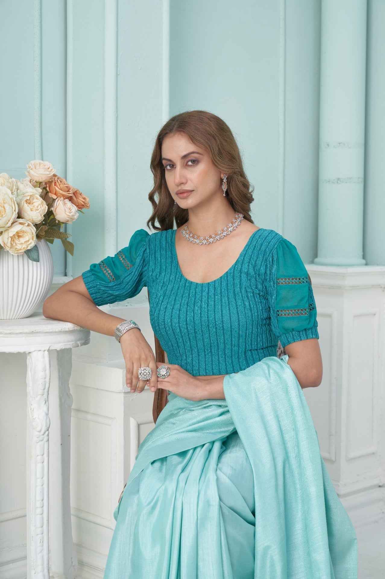 Stay On Trend: Latest Fashion Readymade Blouses for Women,round neckline ,balloon sleeves, adorned with crochet style lace..41015