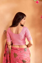 Stay On Trend: Latest Fashion Readymade Blouses for Women,round neckline,georgette band sleeves adorned with hand dyed crochet style lace.41010