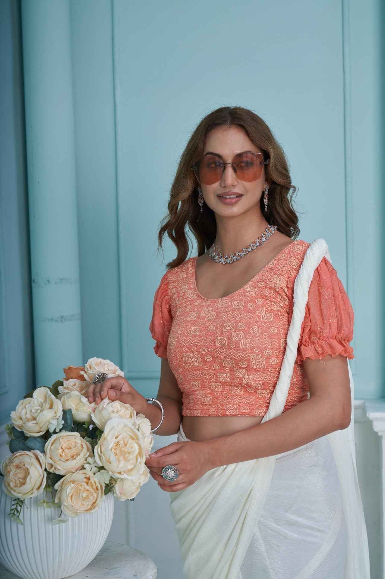 Stay On Trend: Latest Fashion Readymade Blouses for Women,round neckline ,chinnon embroidered balloon elasticated  sleeves.41020