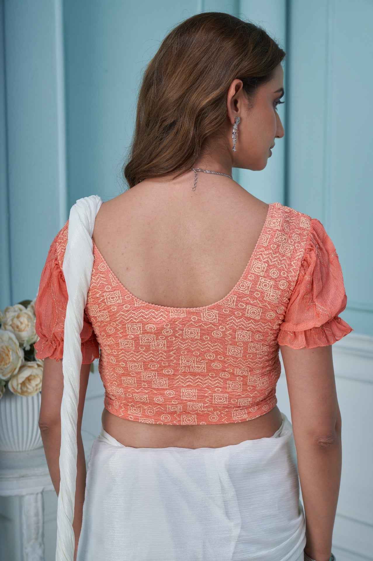 Stay On Trend: Latest Fashion Readymade Blouses for Women,round neckline ,chinnon embroidered balloon elasticated  sleeves.41020