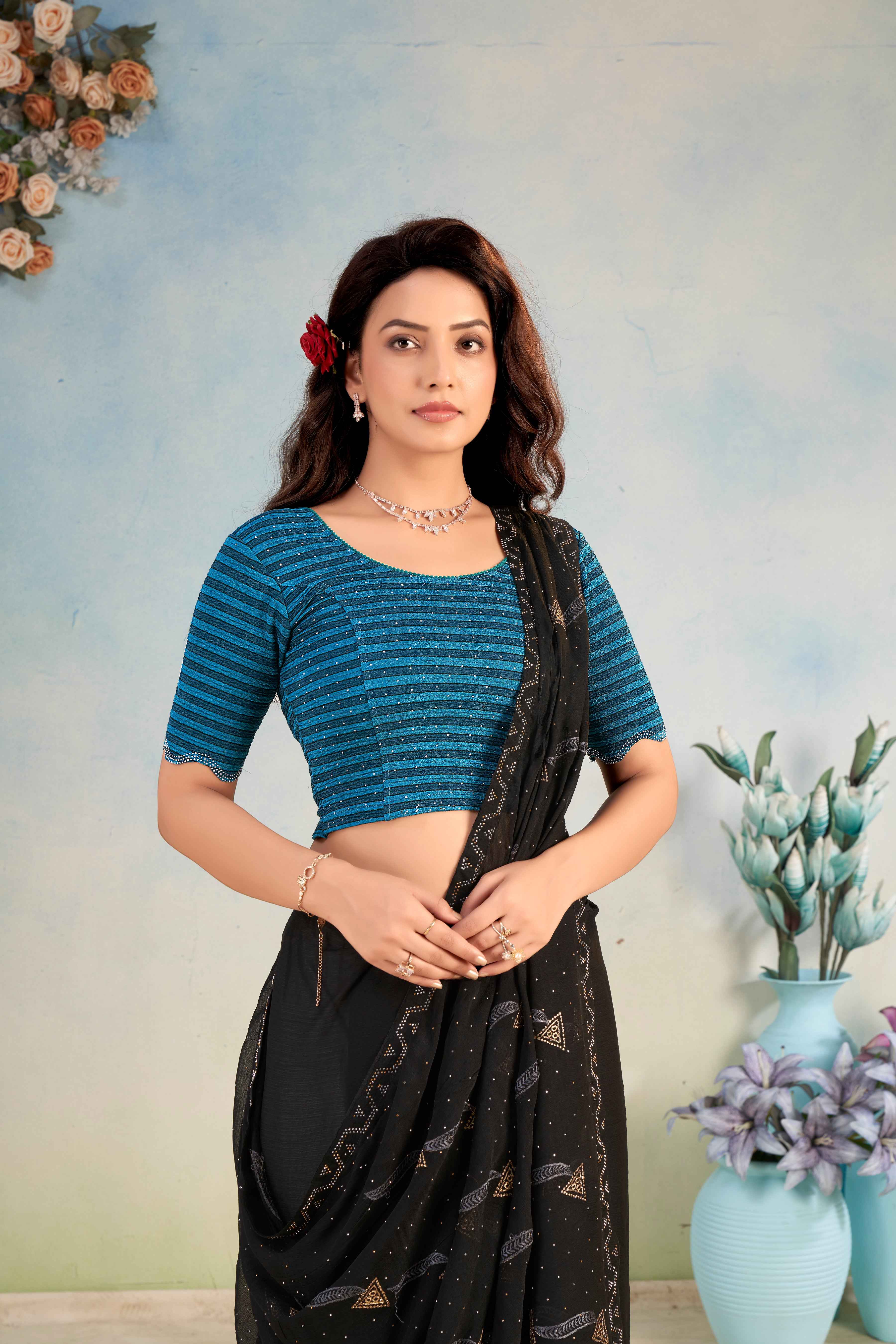 Stay On Trend: Latest Fashion Readymade Blouses for Women,swarovski studded front round neckline ,elbow sleeves and back patch detail on organza.41001