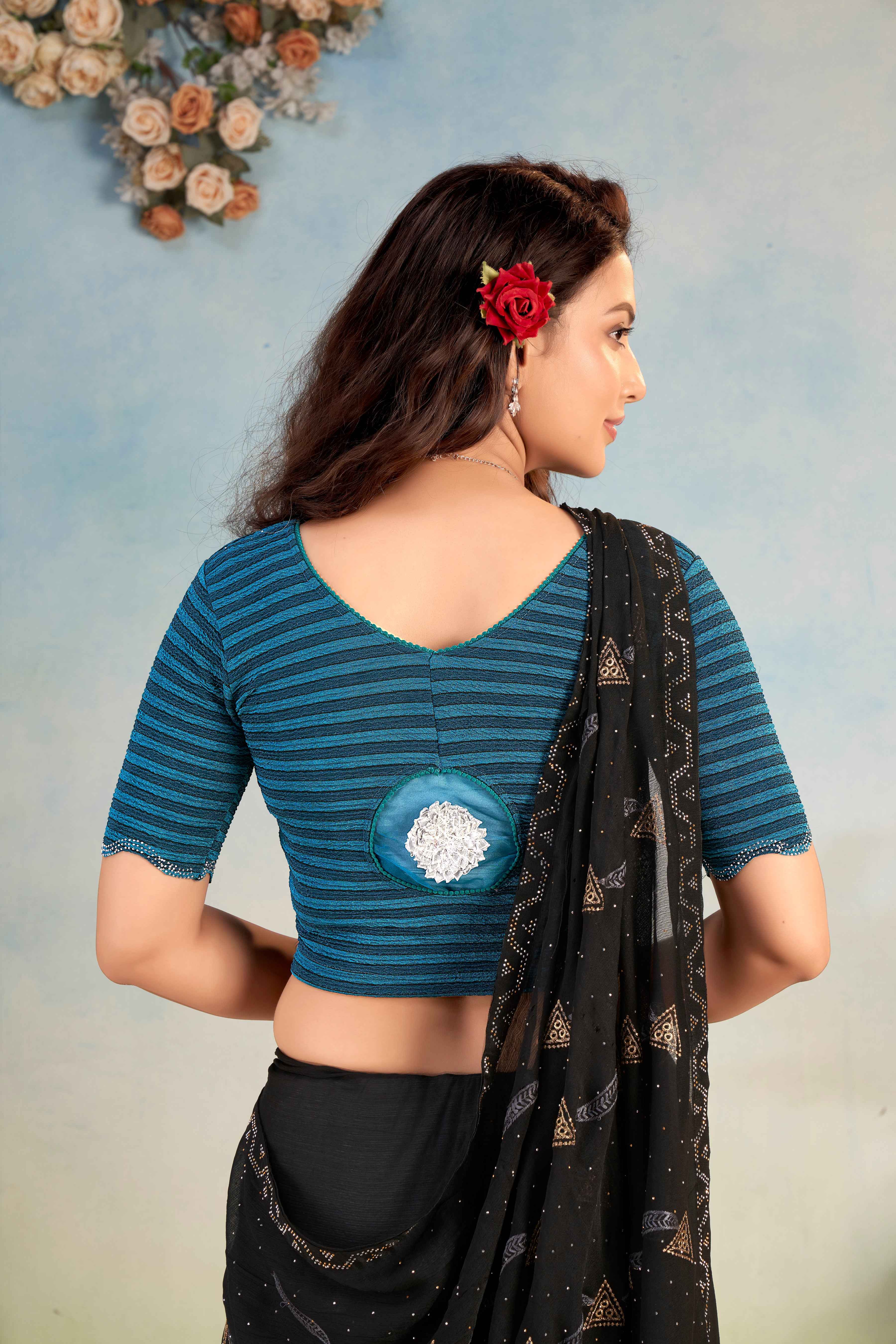 Stay On Trend: Latest Fashion Readymade Blouses for Women,swarovski studded front round neckline ,elbow sleeves and back patch detail on organza.41001