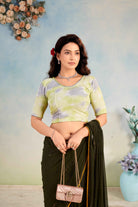 Stay On Trend: Latest Fashion Readymade Blouses for Women,round neckline ,elbow sleeves and duo-tone lace adorned on neckline.20065
