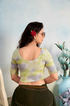 Stay On Trend: Latest Fashion Readymade Blouses for Women,round neckline ,elbow sleeves and duo-tone lace adorned on neckline.20065